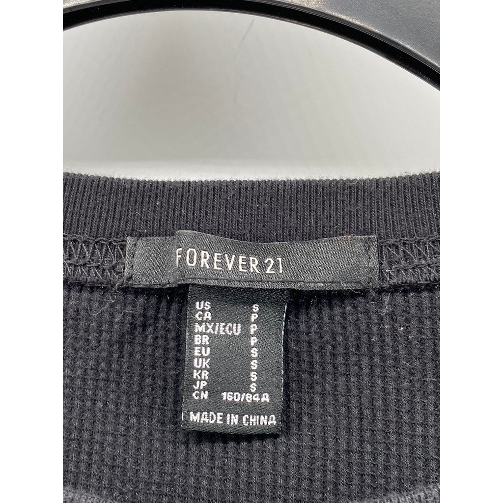 FOREVER 21 Women's Black-Yellow Striped Thermal Long Sleeve Cropped Top SZ S