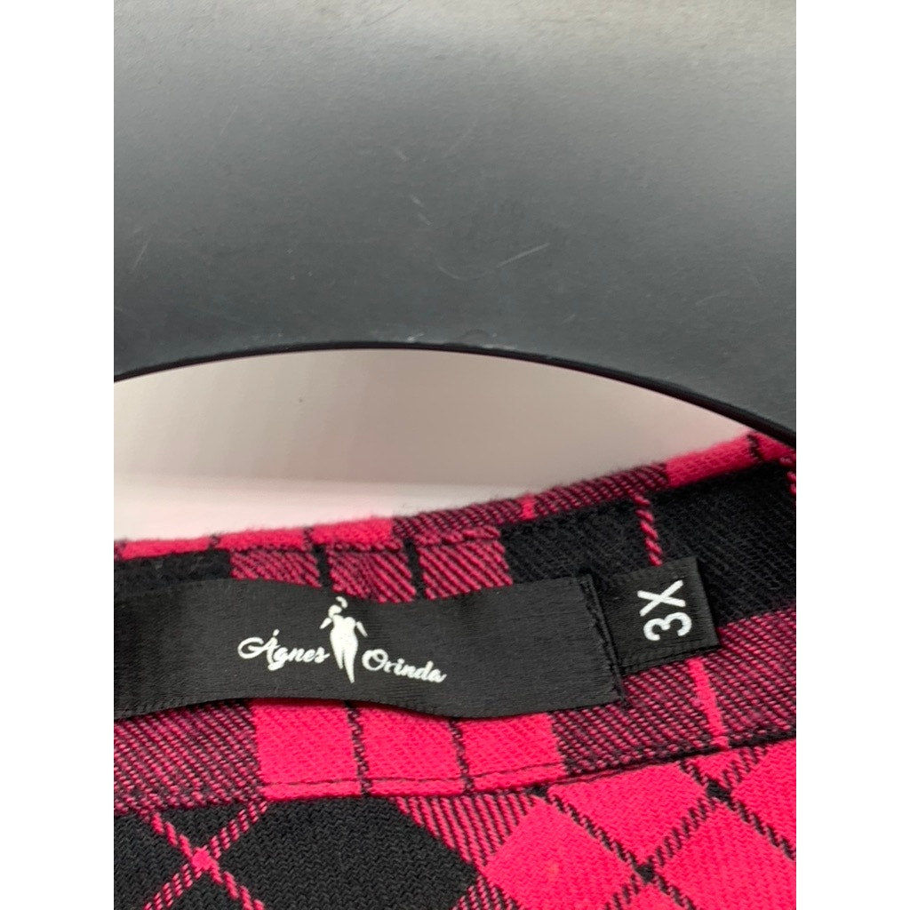 AGNES ORINDA Women's Plus Pink-Black Plaid Button-Up Long Sleeve Dress SZ 3X