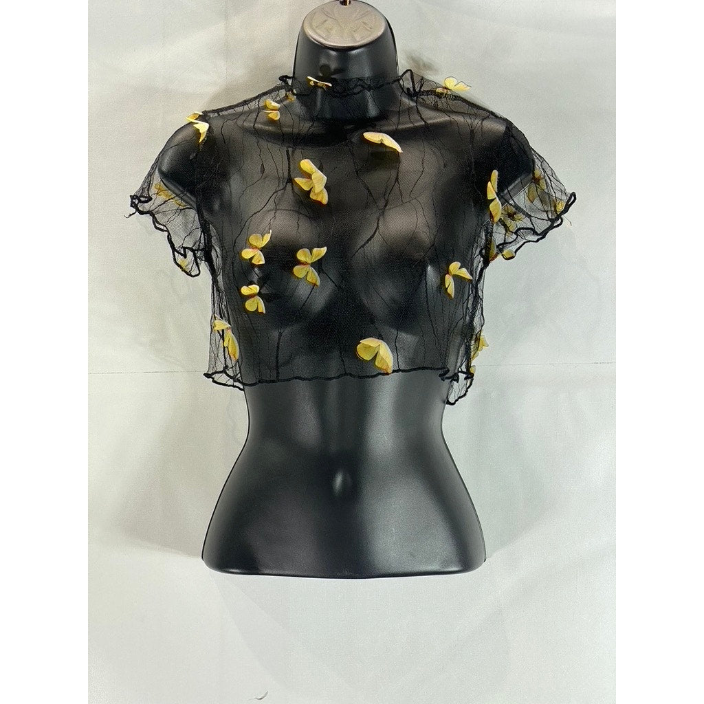 Women's Black/Yellow 3D Butterfly Mesh Short Sleeve Cover Up Top