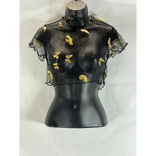 Women's Black/Yellow 3D Butterfly Mesh Short Sleeve Cover Up Top