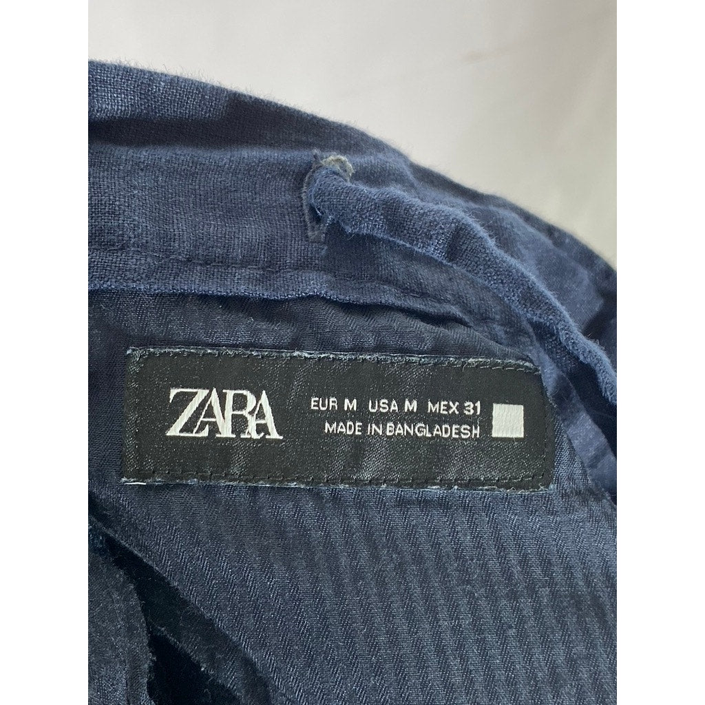 ZARA Men's Navy Blue Linen Straight-Fit Drawstring Pant SZ M