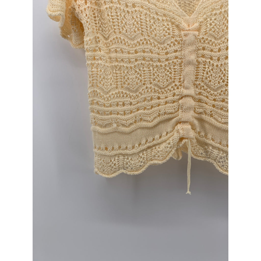 UNBRANDED Women's Cream Crochet Knit V-Neck Short Sleeve Cinch Relaxed Top SZ S