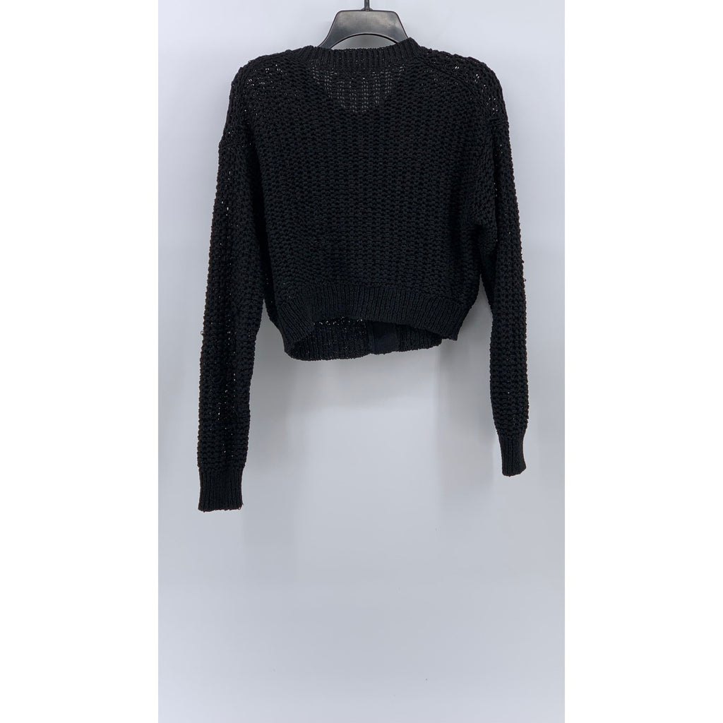 J.CREW Women's Black Open Knit Crewneck Button-Up Cropped Cardigan SZ M