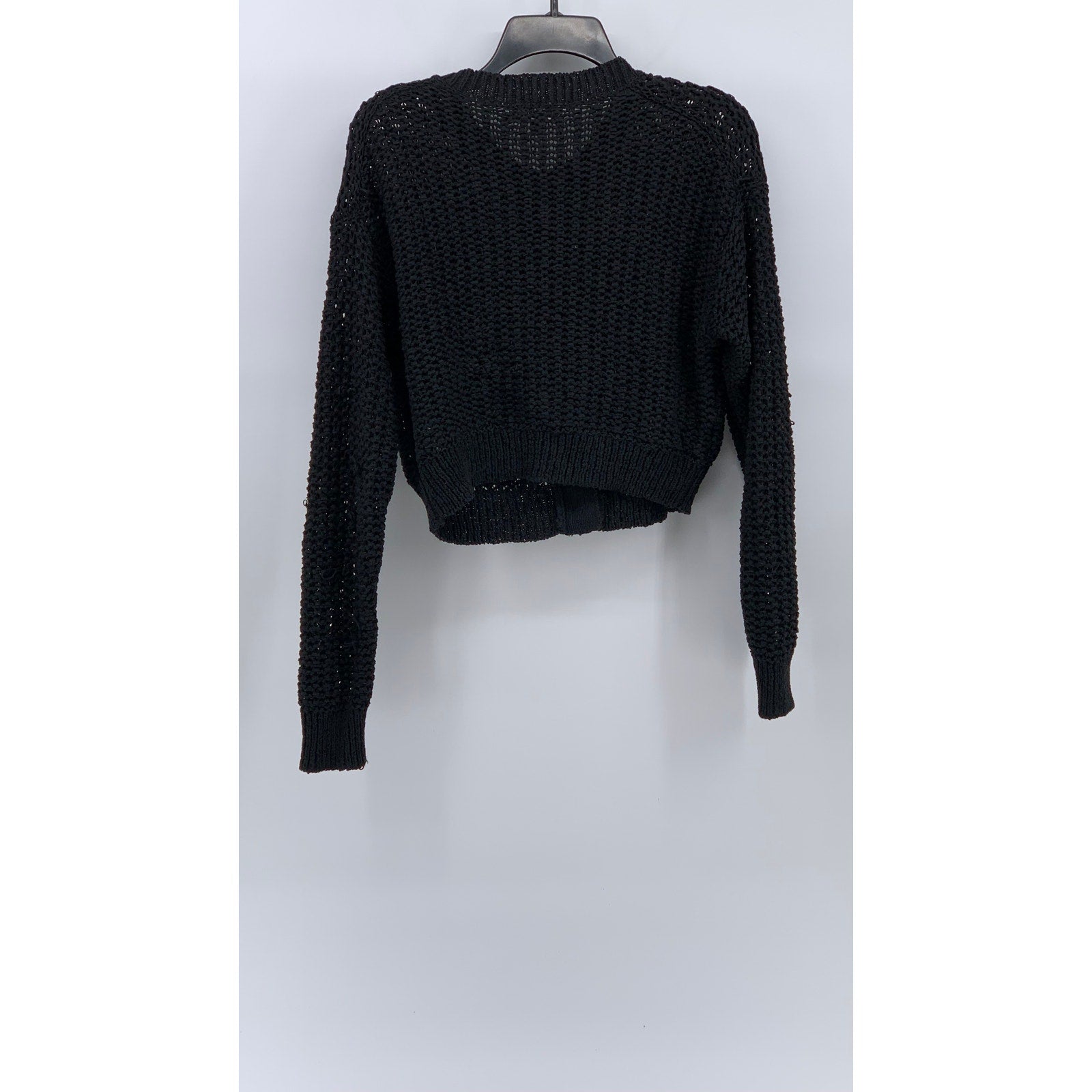 J.CREW Women's Black Open Knit Crewneck Button-Up Cropped Cardigan SZ M