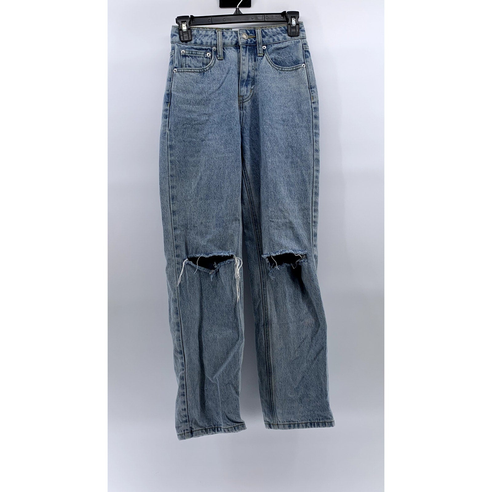 PRINCESS POLLY Women's Light Blue Wash Distressed Denim Straight-Leg Jeans SZ 0