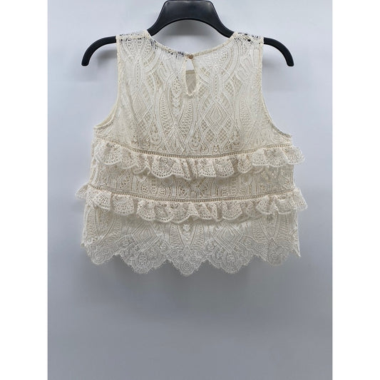 ZARA Women's Cream Knit Crewneck Ruffle Lace Sleeveless Top SZ S