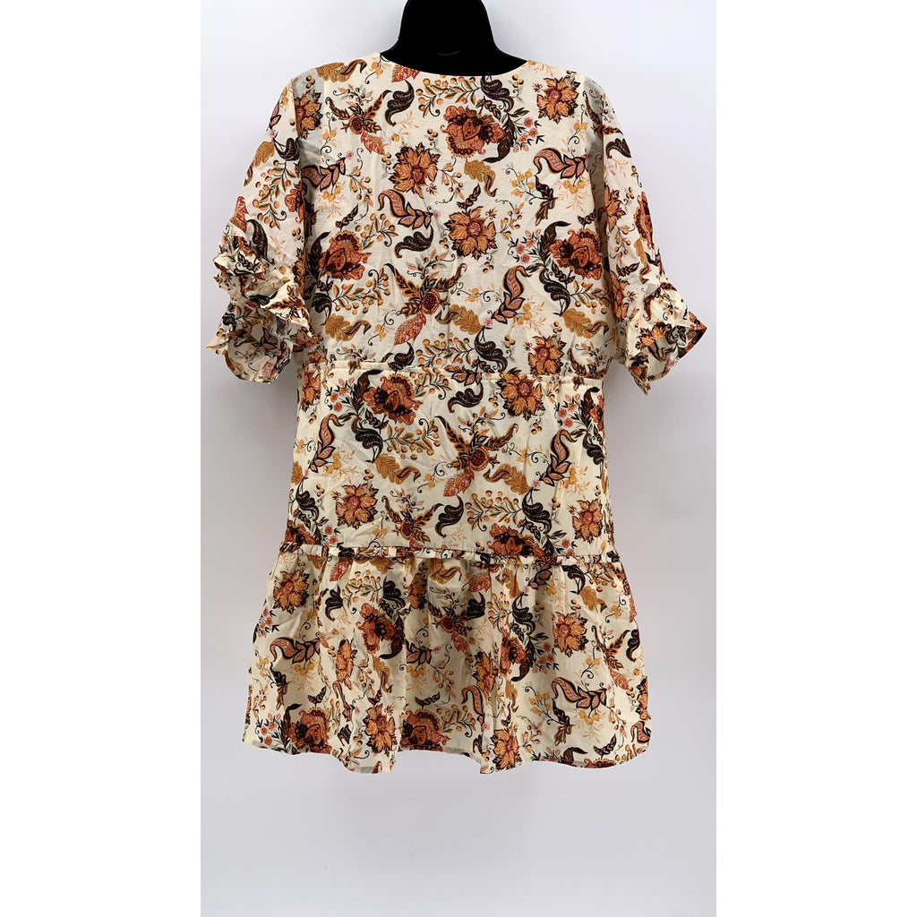 FOREVER 21 Women's Cream-Orange Floral Short Sleeve V-Neck Mini Dress SZ S