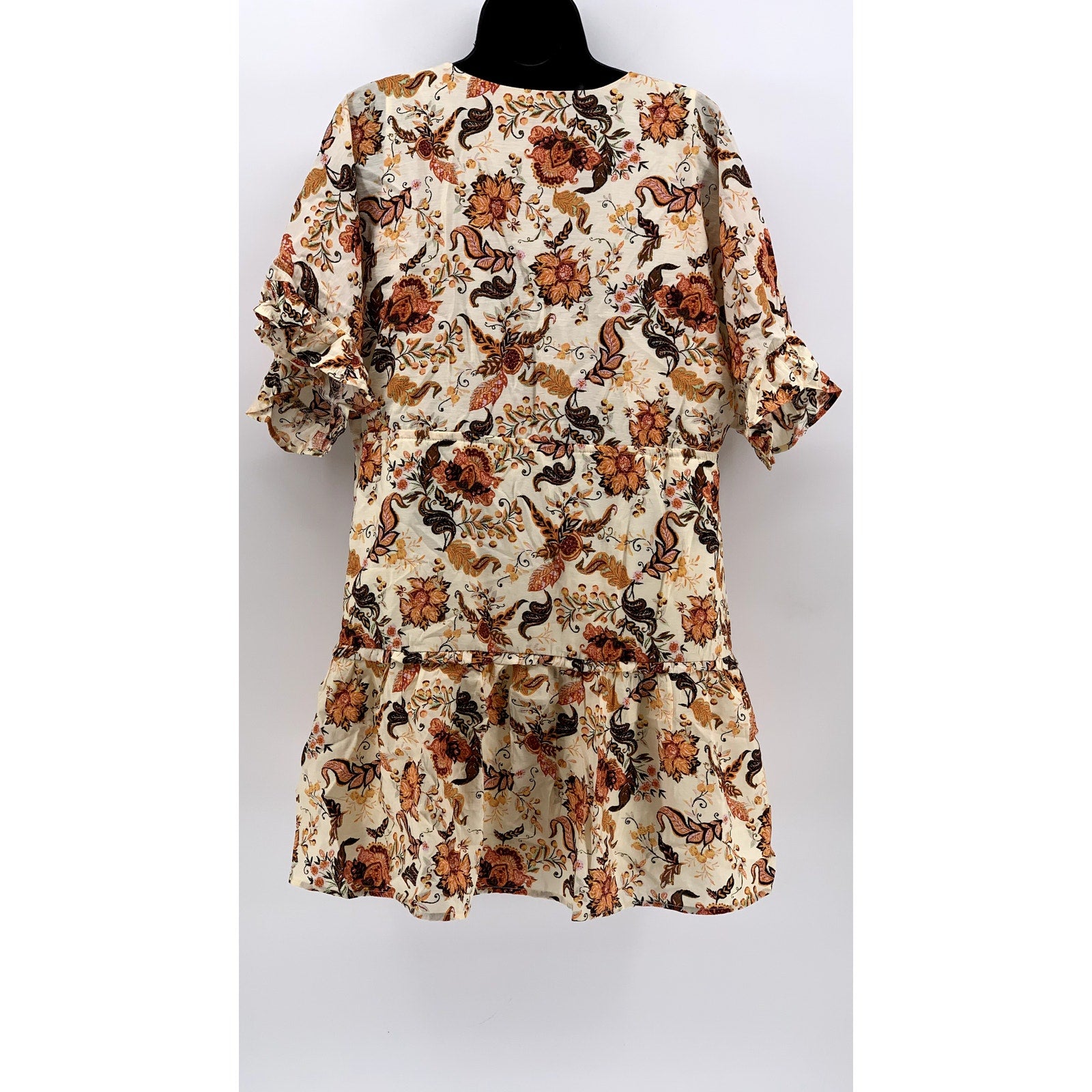 FOREVER 21 Women's Cream-Orange Floral Short Sleeve V-Neck Mini Dress SZ S