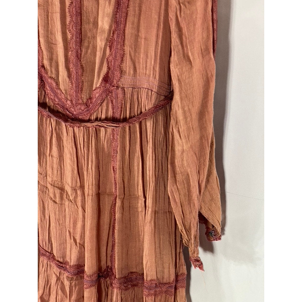 UNBRANDED Women's Burnt Orange Lace-Trim V-Neck Tiered Tie-Waist Midi Dress SZ S