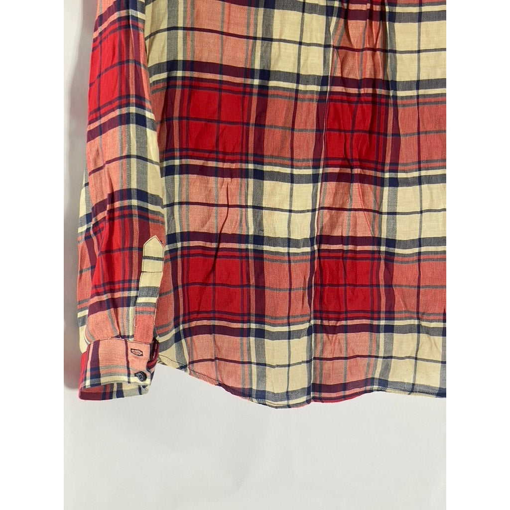 ZARA BASIC Women’s Red Plaid Regular-Fit Button-Up Long Sleeve Top SZ L