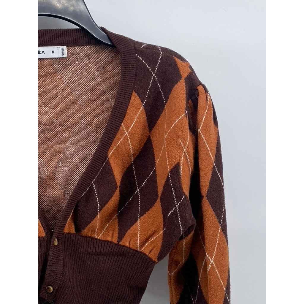 APEA Women's Brown-Orange Plaid Puff Long Sleeve Cropped Cardigan SZ M