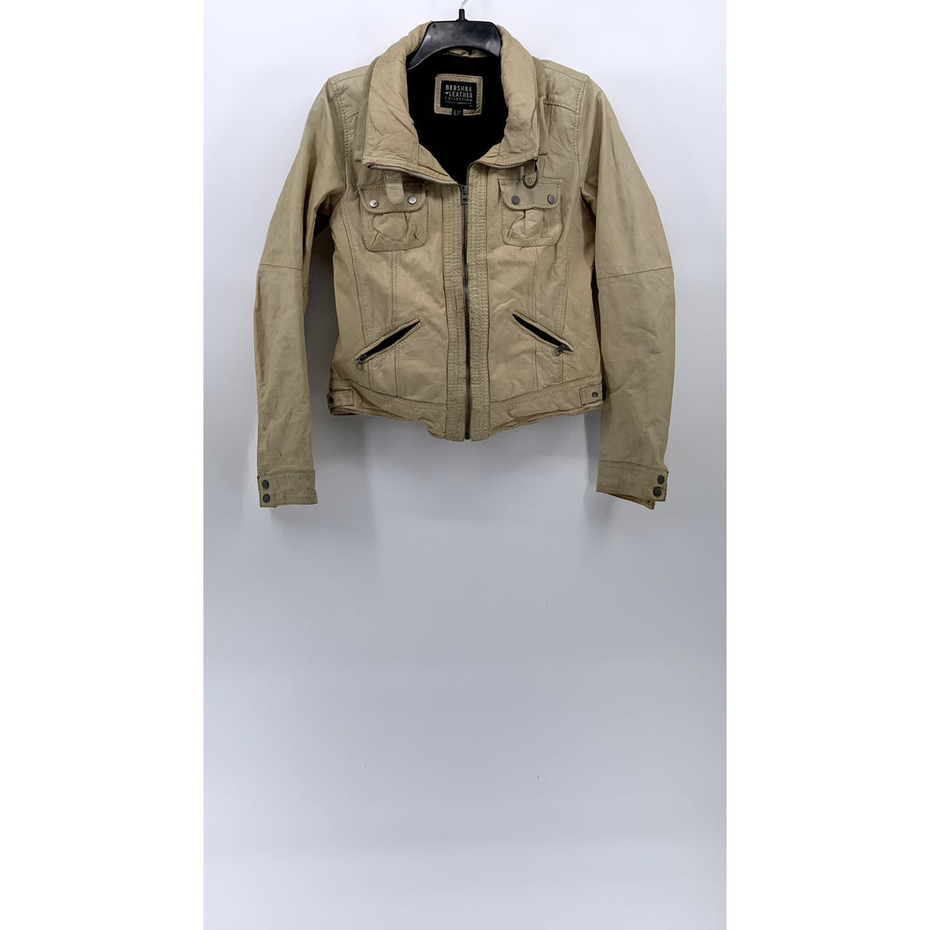 BERSHKA Women's Tan Cow Leather Zip-Up Buckle-Neck Long Sleeve Jacket SZ L