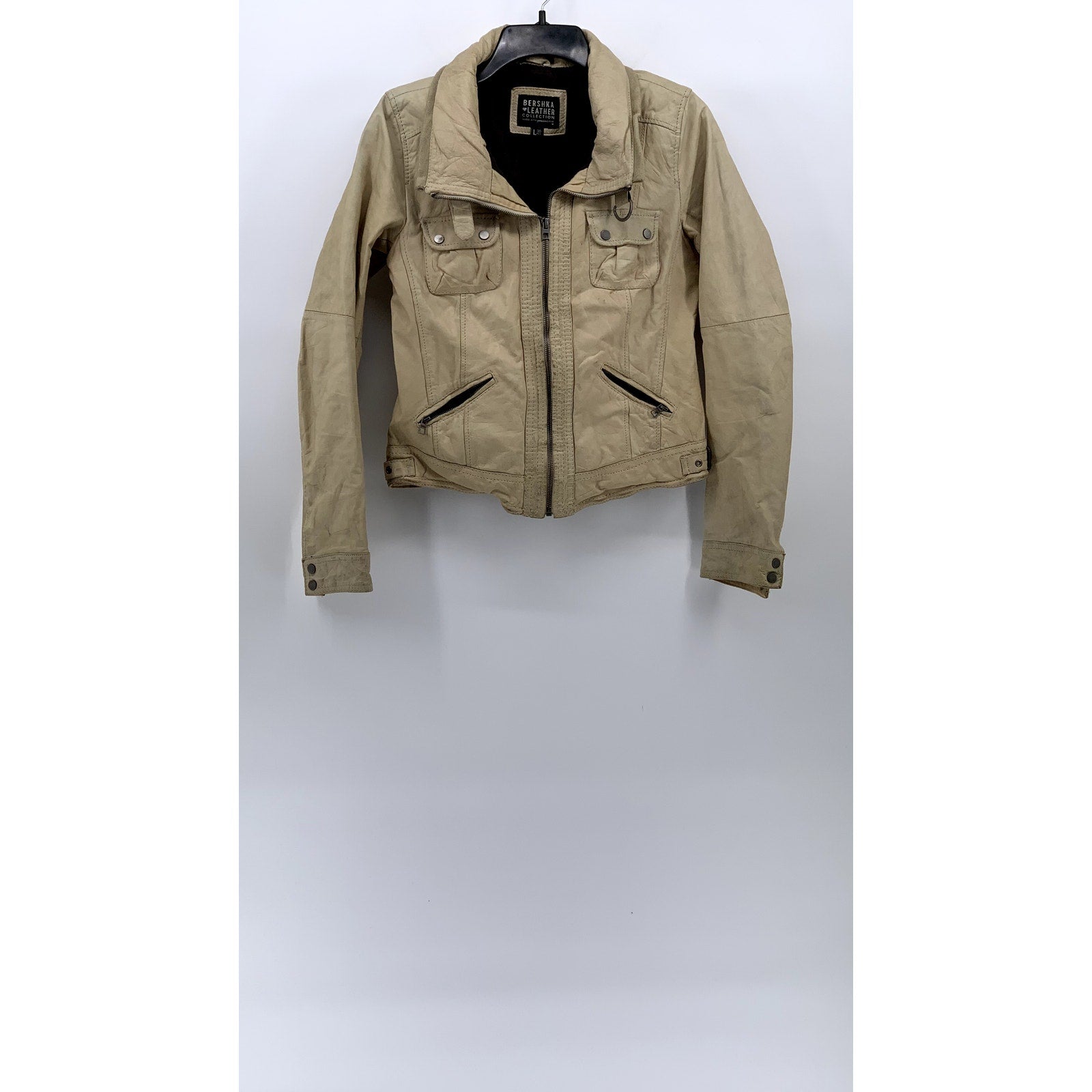 BERSHKA Women's Tan Cow Leather Zip-Up Buckle-Neck Long Sleeve Jacket SZ L