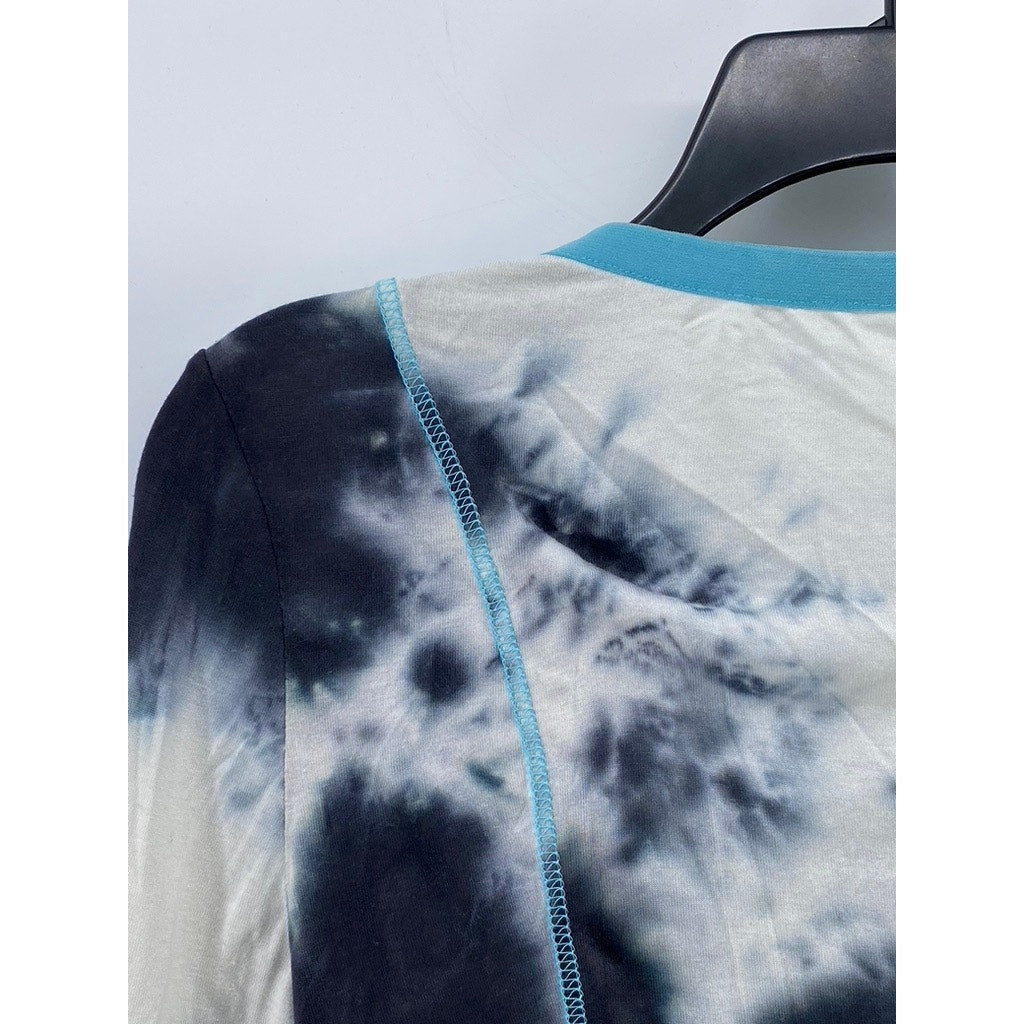 UNBRANDED Women's White-Blue-Black Tie-Dye Asymmetrical Zip-Up Cropped Top SZ M