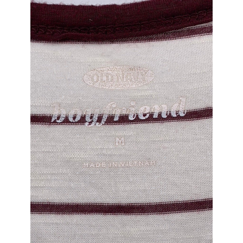 OLD NAVY Women's Burgundy-White Striped Boyfriend Long Sleeve Top SZ M