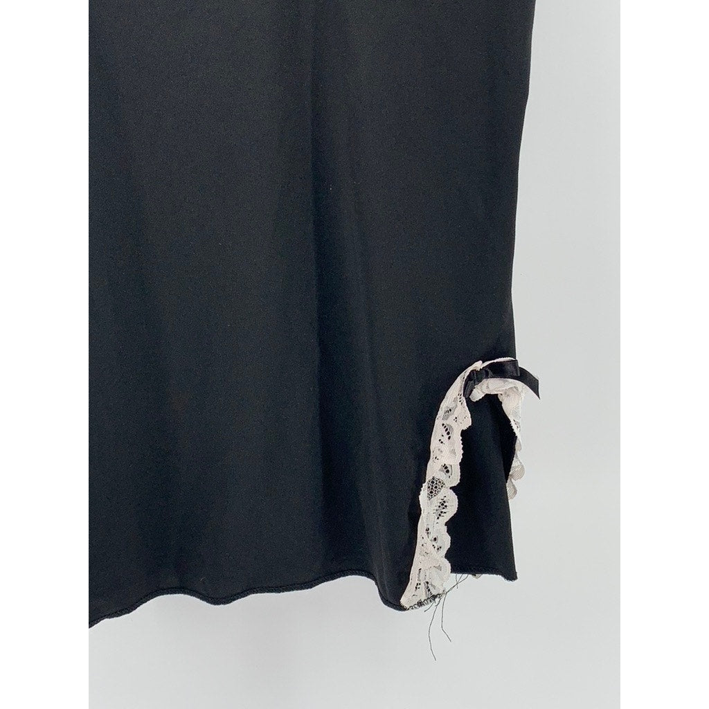 UNBRANDED Women's Black-White Lace-Trim V-Neck Spaghetti Strap Sleep Dress SZ M