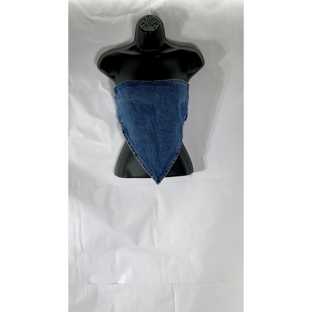 NASTY GAL Women's Dark Blue Denim Strapless Back-Zip Handkerchief Crop Top SZ 0