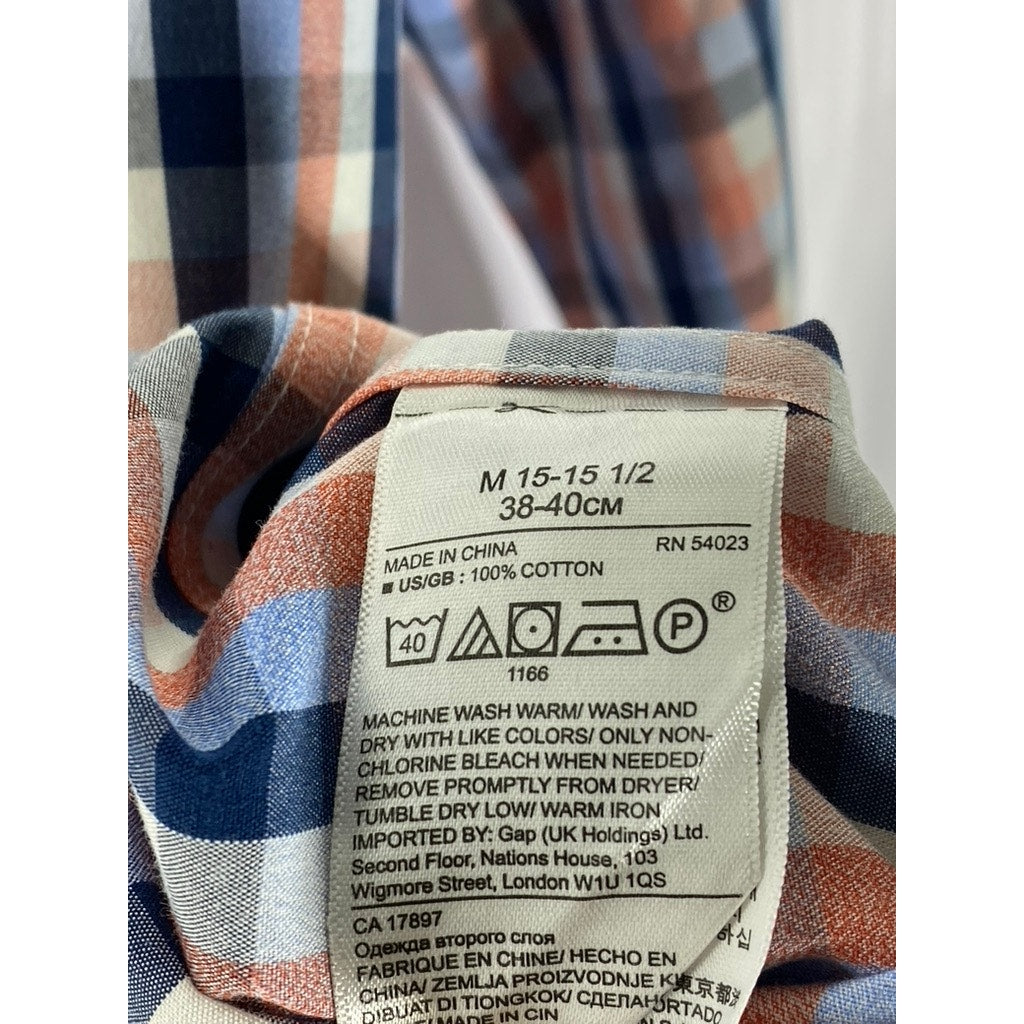 BANANA REPUBLIC Men's Orange/Blue Tri-Tone Gingham Grant Fit Button-Up Shirt SZM