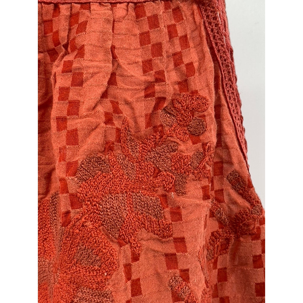 ATTIC SALT Women's Orange Square Print Embroidered Lace-Trim Sleeveless Top SZ S