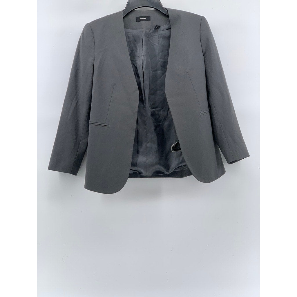 THEORY Women's Dark Gray Open Front Collarless Wool-Blend Lindrayia Blazer SZ 0