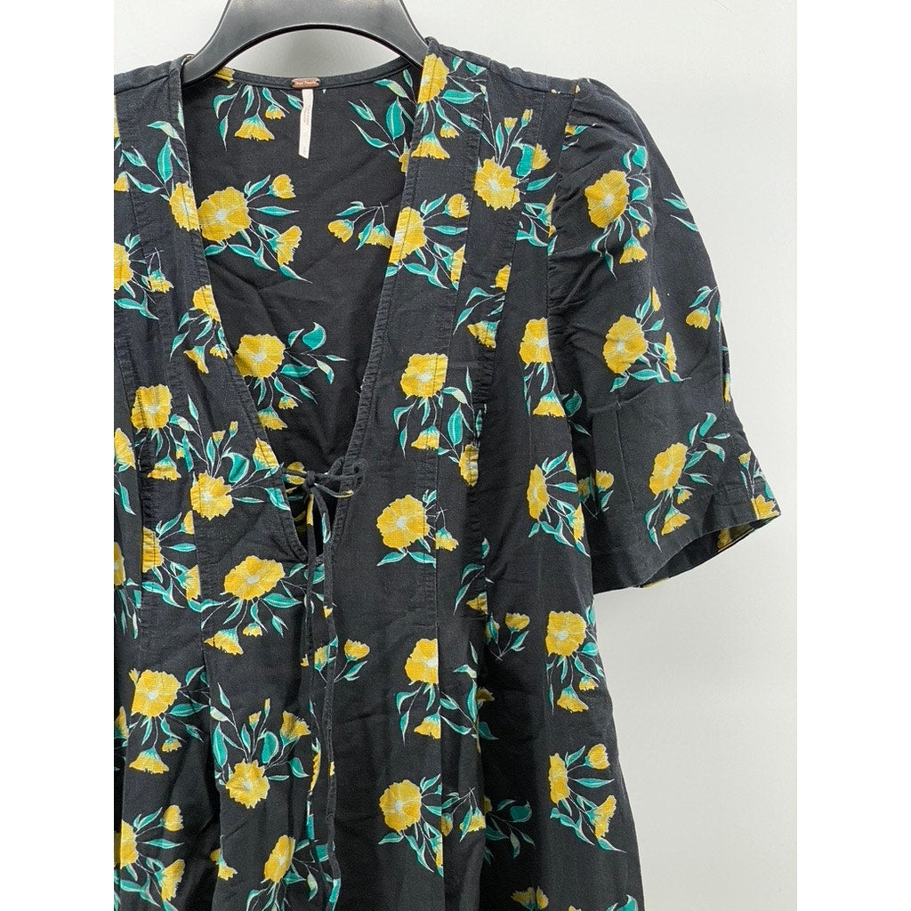 FREE PEOPLE Women's Black-Yellow Floral Adelle Short Sleeve Tunic Top SZ L