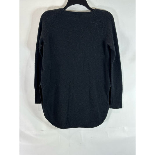 HALOGEN Women's Solid Black Wool/Cashmere Crewneck Round Split-Hem Sweater SZ2XS