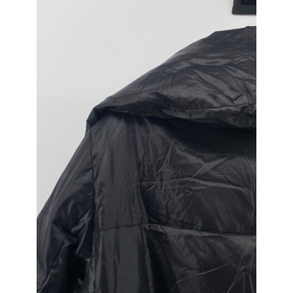 IT MICHAA Deluxe Women's Black Hooded Snap Button Long Sleeve Puffer Coat SZ S