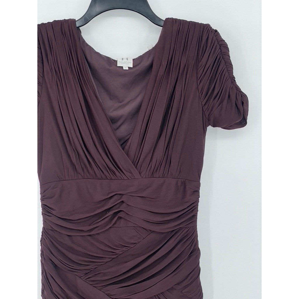 HALSTON HERITAGE Women's Wine Short Sleeve V-Neck Ruched Mini Dress SZ M
