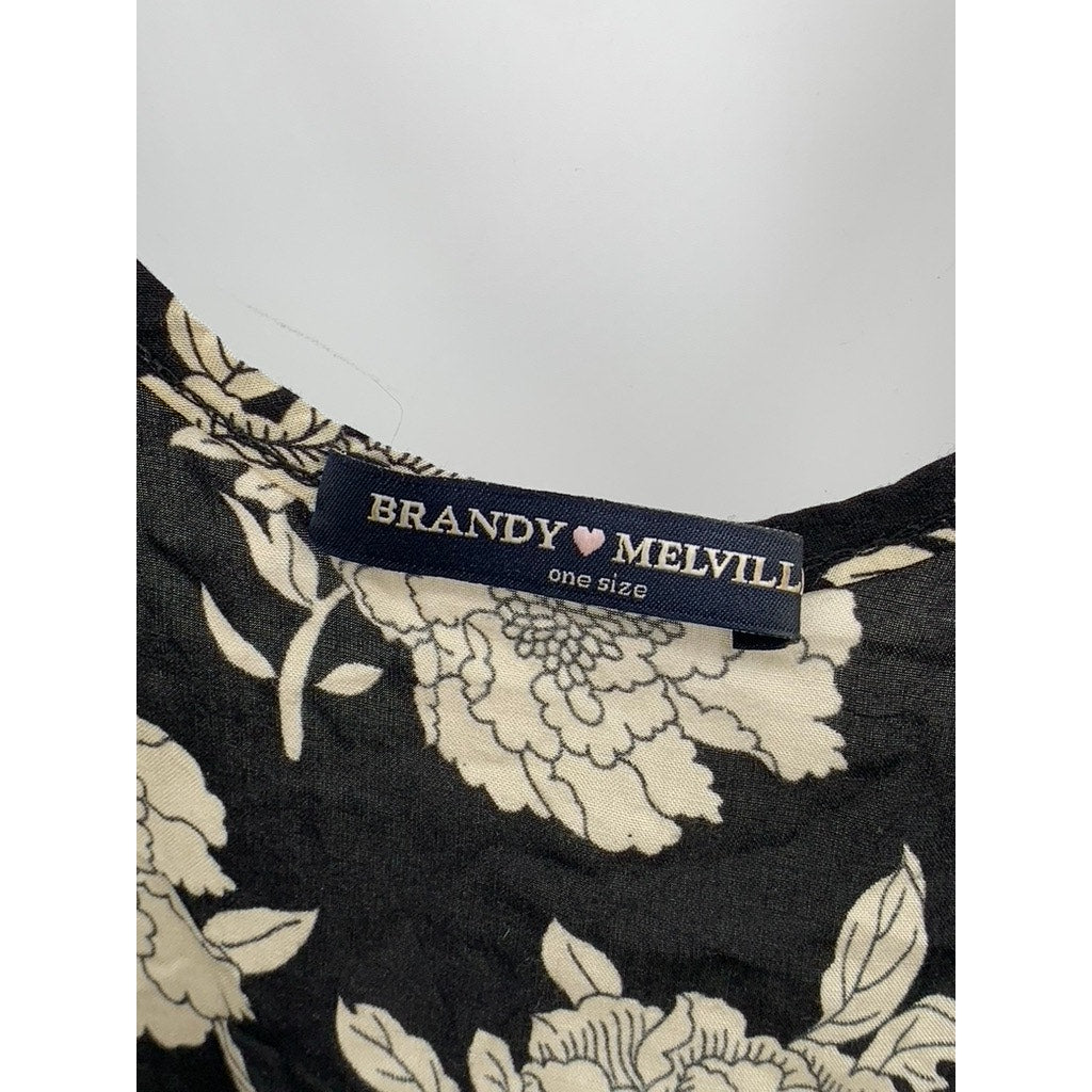 BRANDY MELVILLE Women’s Black-Beige Peony Print Scoop-Neck Slip Mini Dress SZ OS