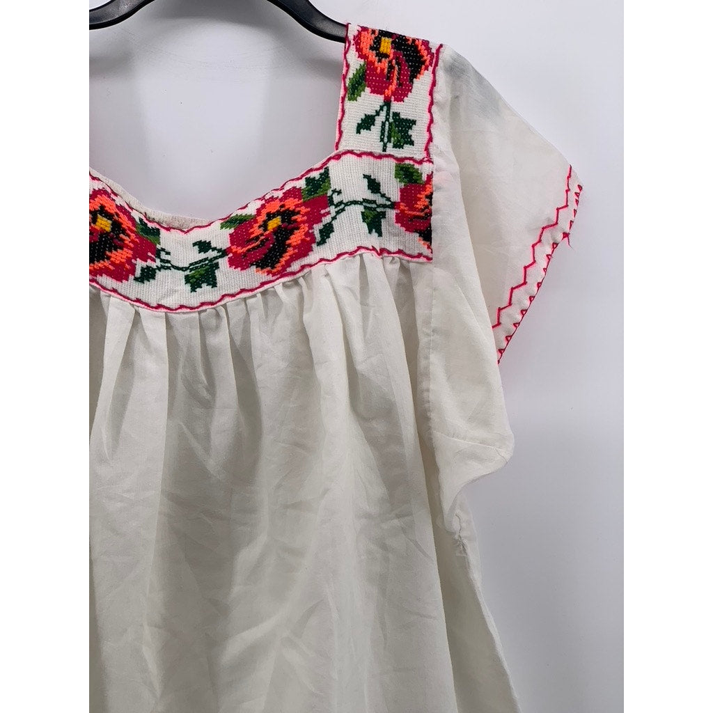 UNBRANDE Women's White-Multi Embroidered Traditional Short Sleeve Blouse SZ L