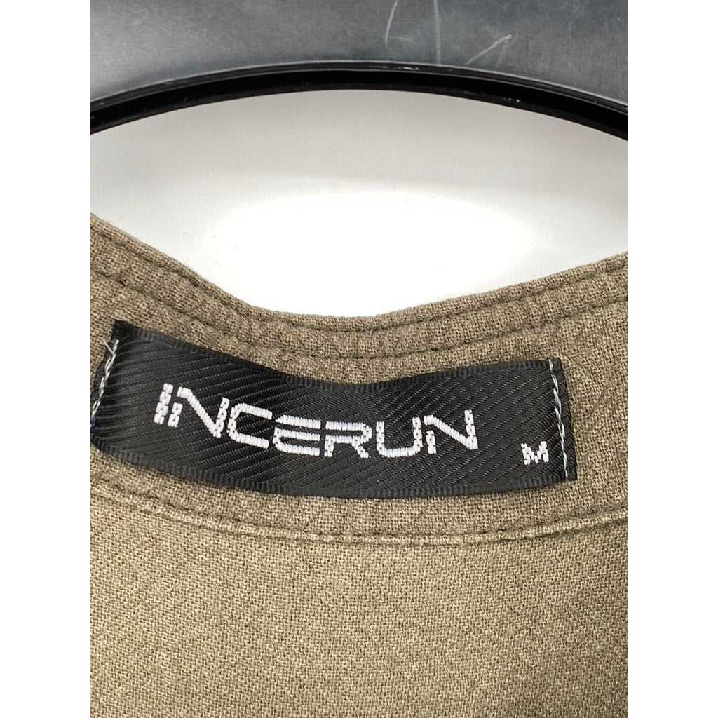 INCERUN Men's Olive Green Button-Up Short Sleeve Cotton Shirt SZ M