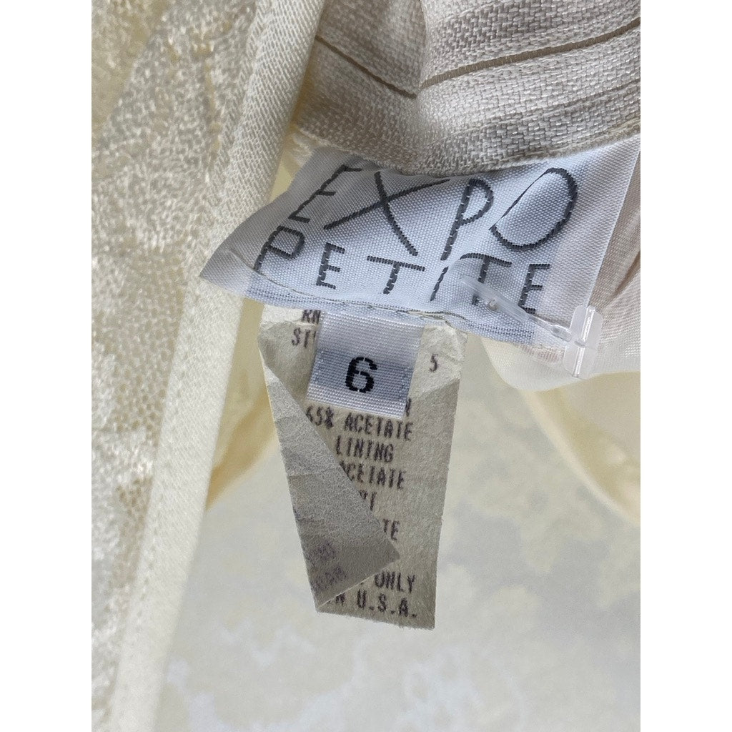 EXPO Women's Petite Ivory Crewneck Lace Long Sleeve Pleated Midi Dress SZ 6
