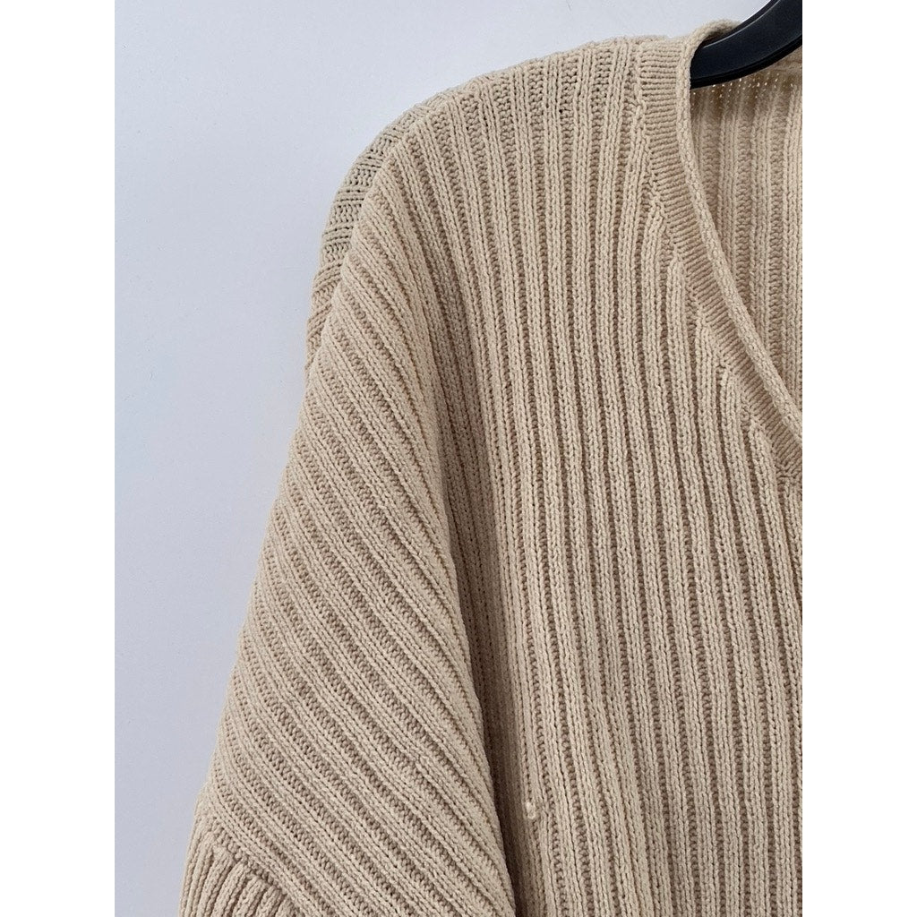 PULL&BEAR PACIFIC REPUBLIC Women's Tan Rib V-Neck Long Sleeve Cropped Top SZ XS