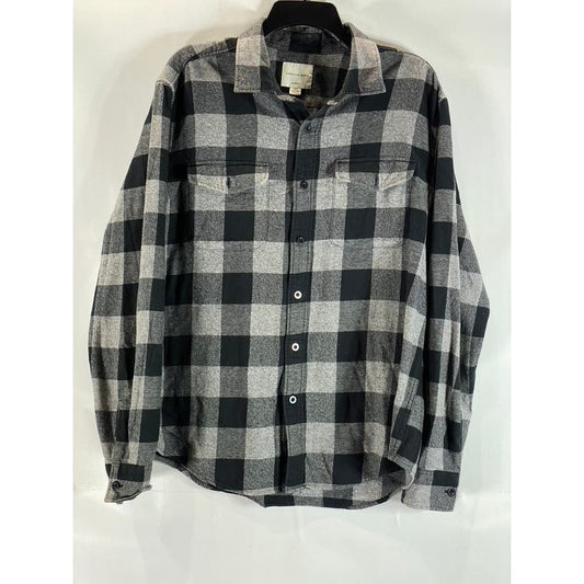 AMERICAN EAGLE OUTFITTERS Men's Grey/Black Plaid Classic-Fit Button-Up Shirt SZL