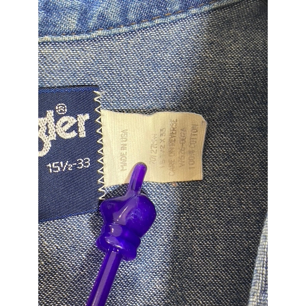 WRANGLER Men's Dark Blue Denim Regular-Fit Distressed Button-Up Shirt SZ 15.5 33