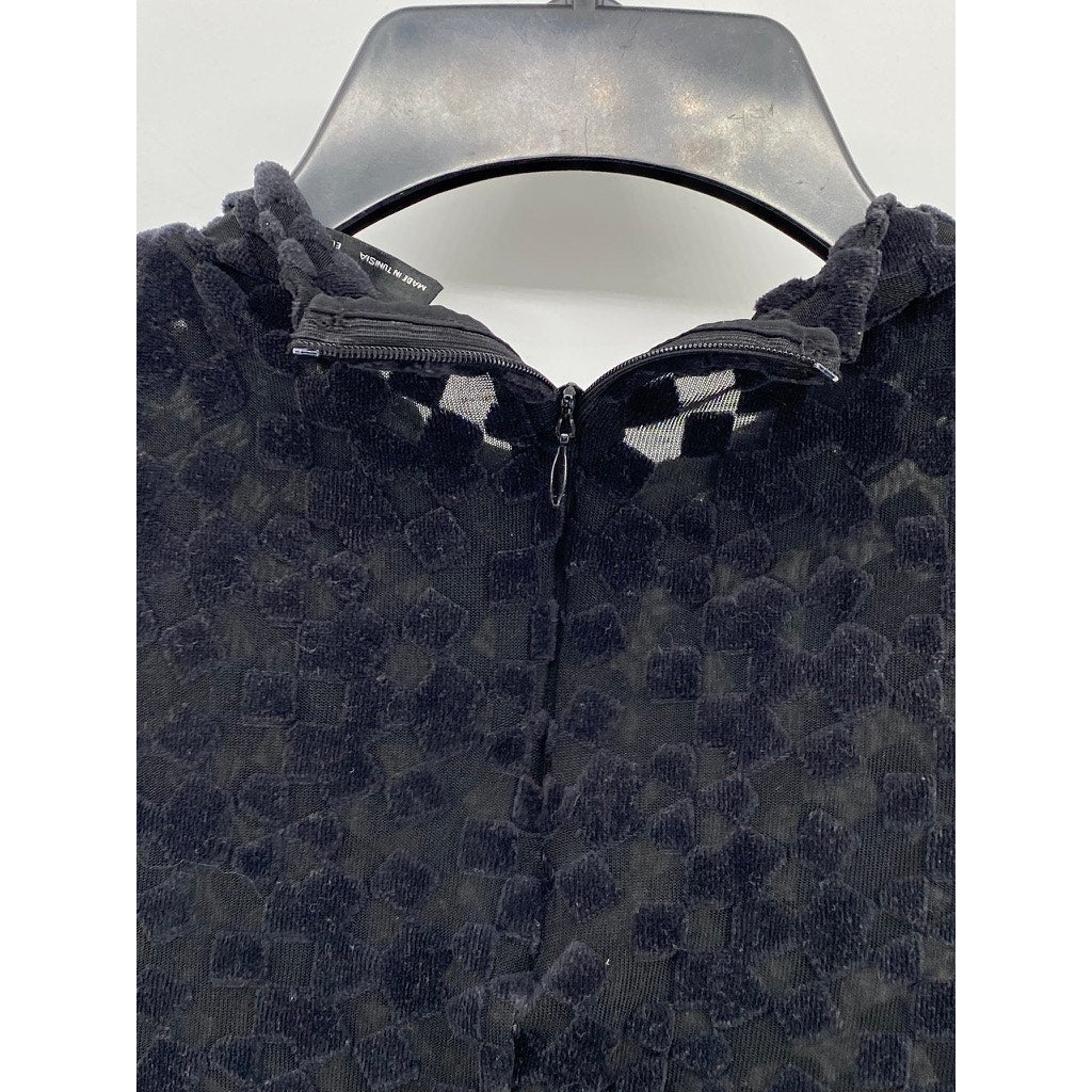 ZARA W&B Women's Black Mesh Textured Mock-Neck Short Sleeve Cropped Top SZ S