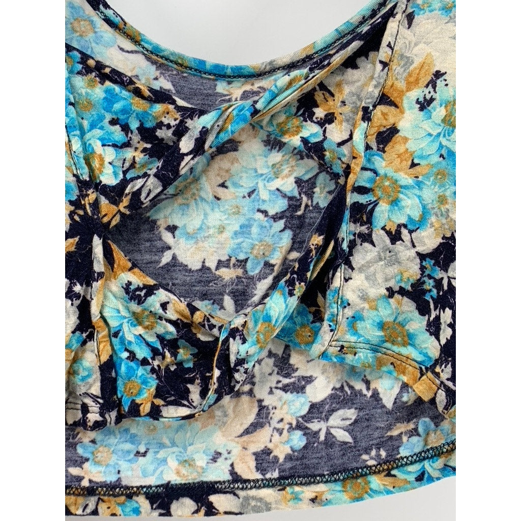 CHARLOTTE RUSSE Women's Blue Floral Scoop-Neck Long Sleeve Tie-Open Back SZ M