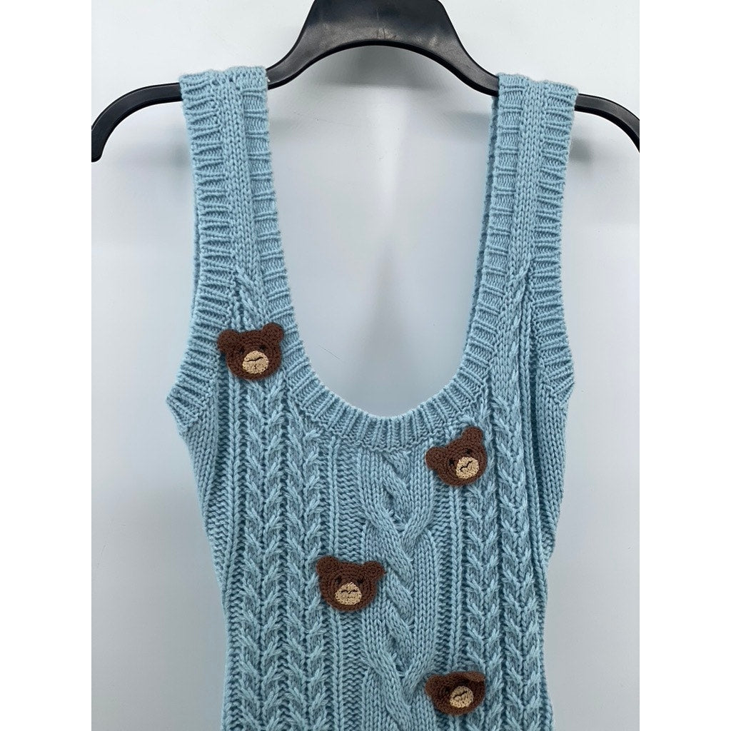 DOLLSKILL Women’s Blue Crochet Knit 3D Bear Head Scoop-Neck Mini Dress SZ M