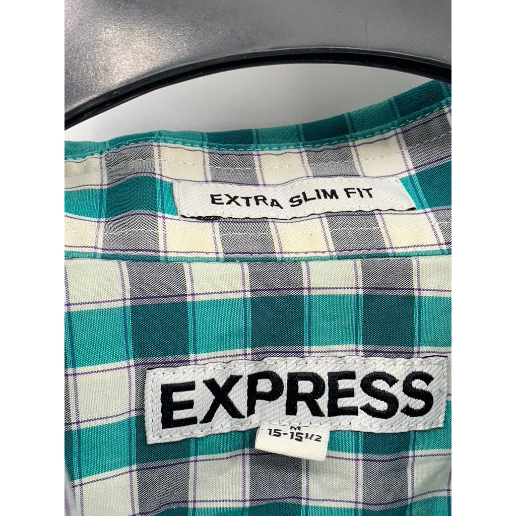 EXPRESS Men's Teal-White Plaid Extra Slim-Fit Button-Up Long Sleeve Shirt SZ M