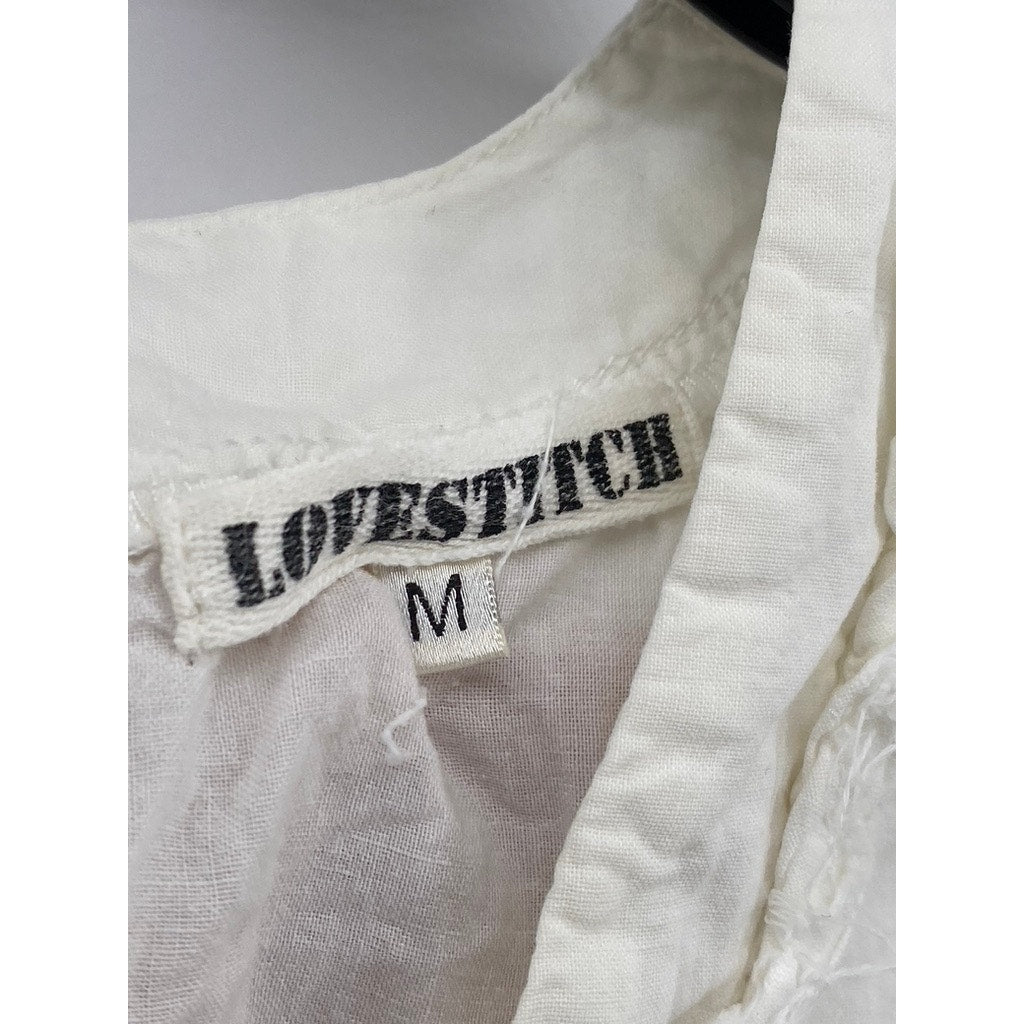 LOVESTITCH Women's White Ruffle V-Neck Raw Short Sleeve Tiered Mini Dress SZ M