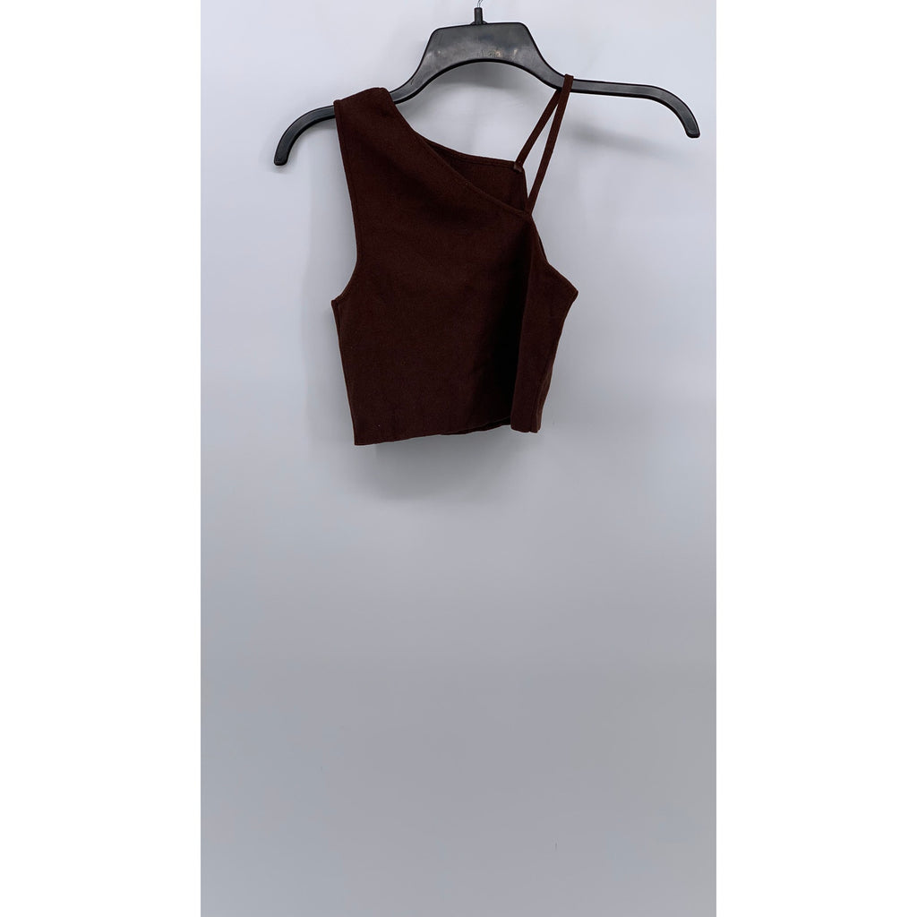ZARA Women's Brown Ribbed High-Neck One-Sleeve Cropped Tank Top SZ S