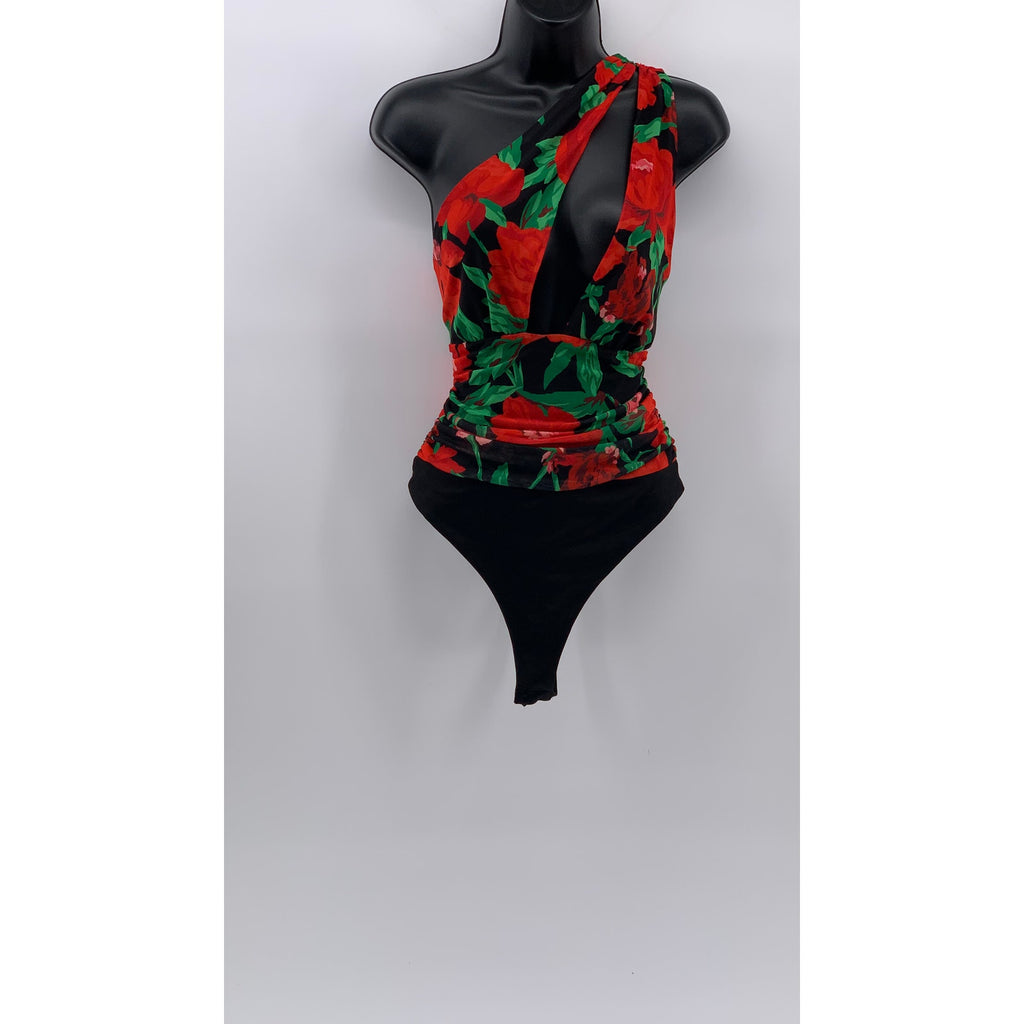 AFRM Women'S Black-Red Floral Delos One-Shoulder Cutout One-Piece Bodysuit SZ XS