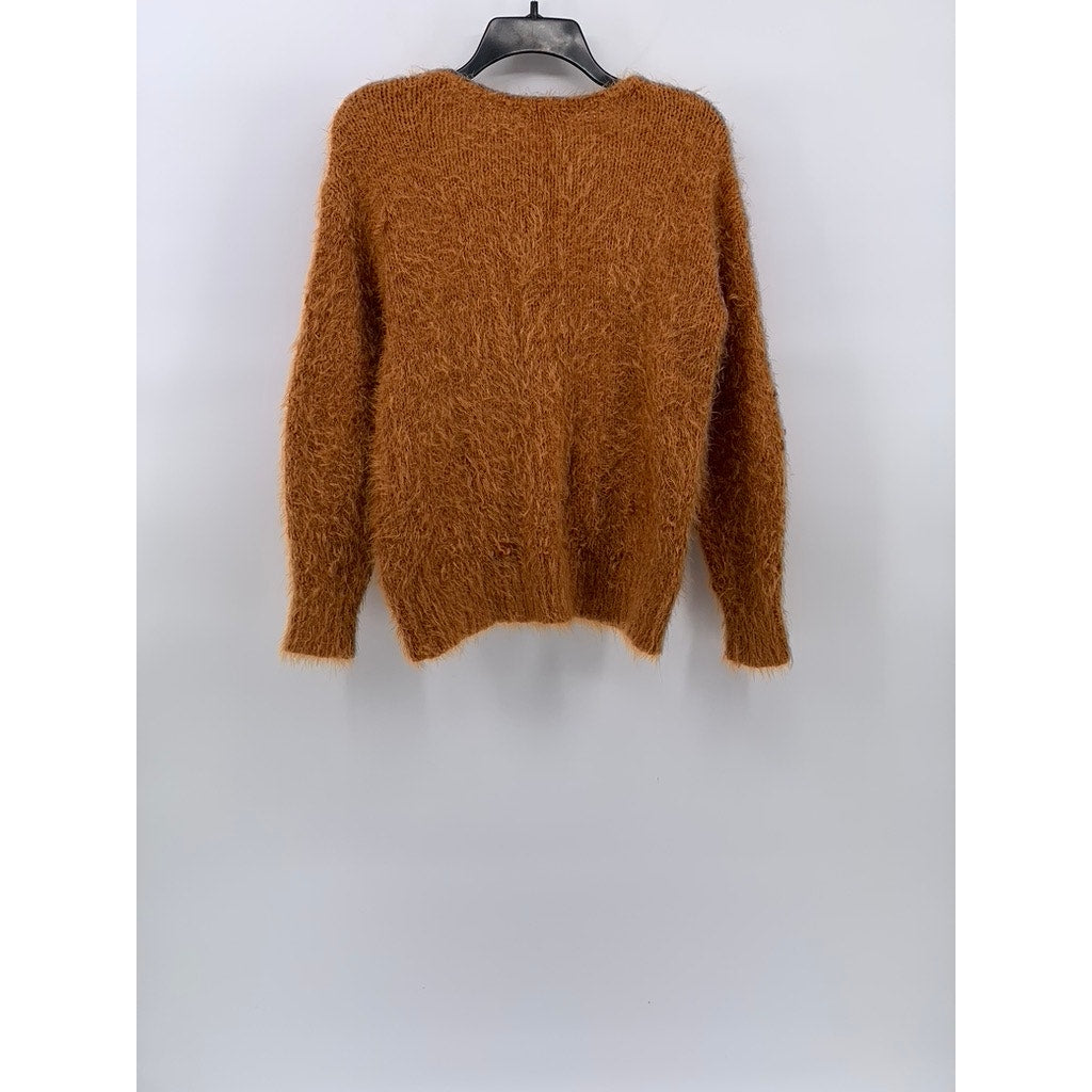 BP Women's Camel Brown V-Neck Fuzzy Long Sleeve Pullover Sweater SZ S