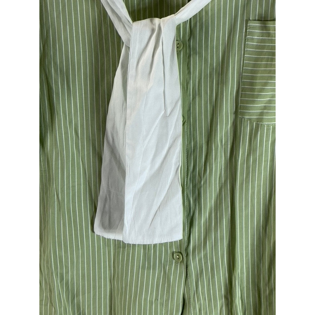 UNBRANDED Women's Green/White Pinstripe Preppy Over Shoulder Tie Top SZ XL