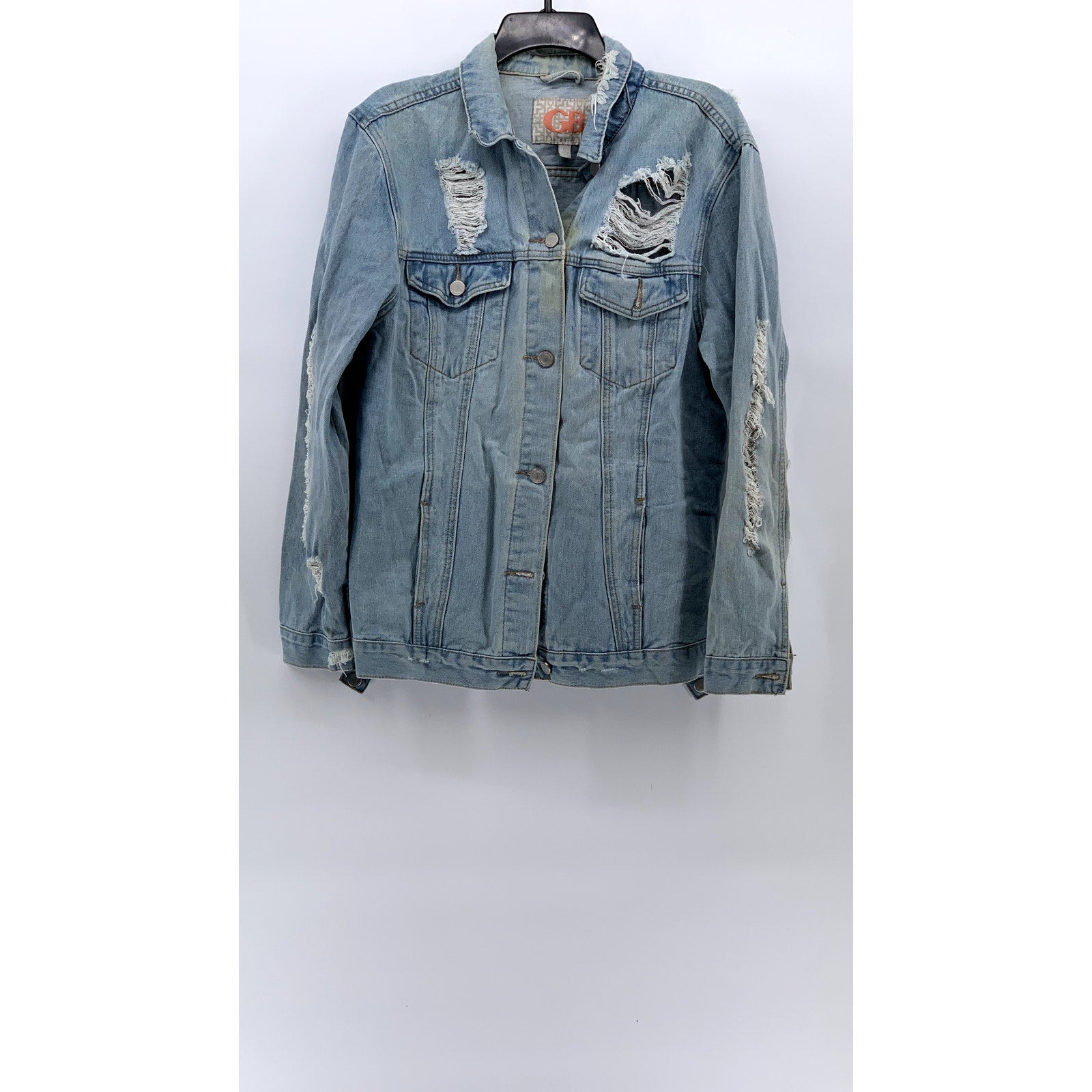 GB GIANNI BINI Women's Blue Distressed Button-Up Long Sleeve Jean Jacket SZ L