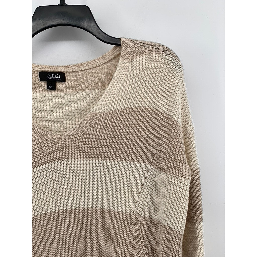 A.N.A A NEW APPROACH Women's Tan Striped Knit Long Sleeve Sweater SZ L