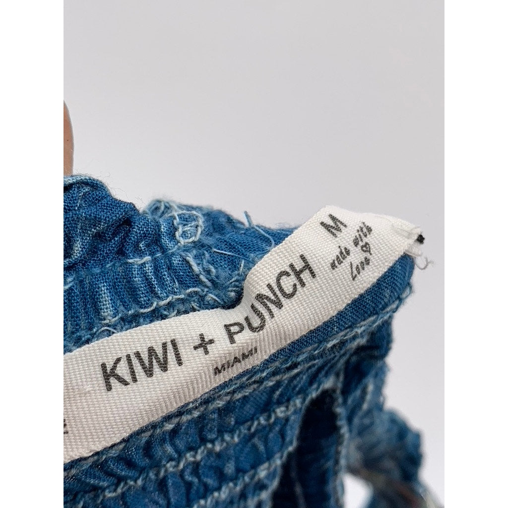 KIWI + PUNCH Women's Blue Denim Smocked Off-The-Shoulder Cropped Top SZ M