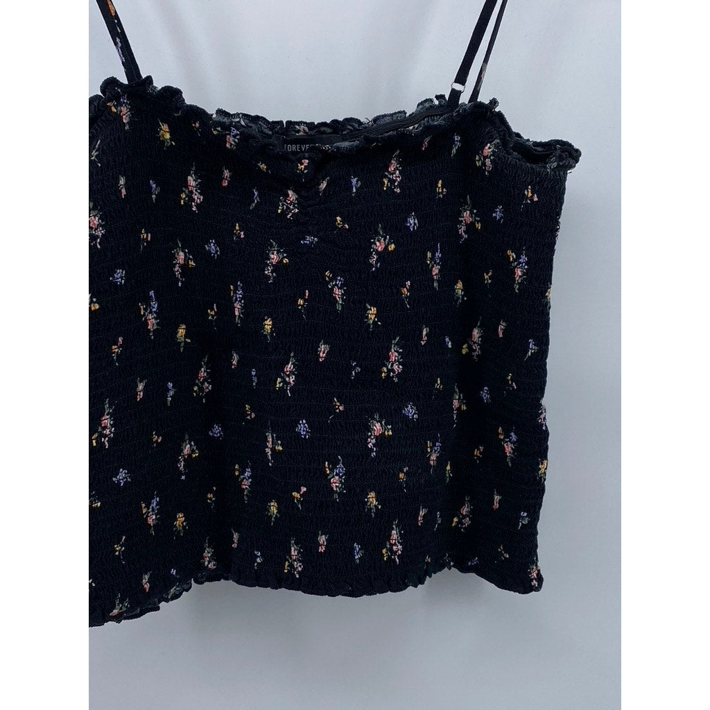 FOREVER 21 Women’s Black Floral Smocked Spaghetti Strap Cropped Tank Top SZ L