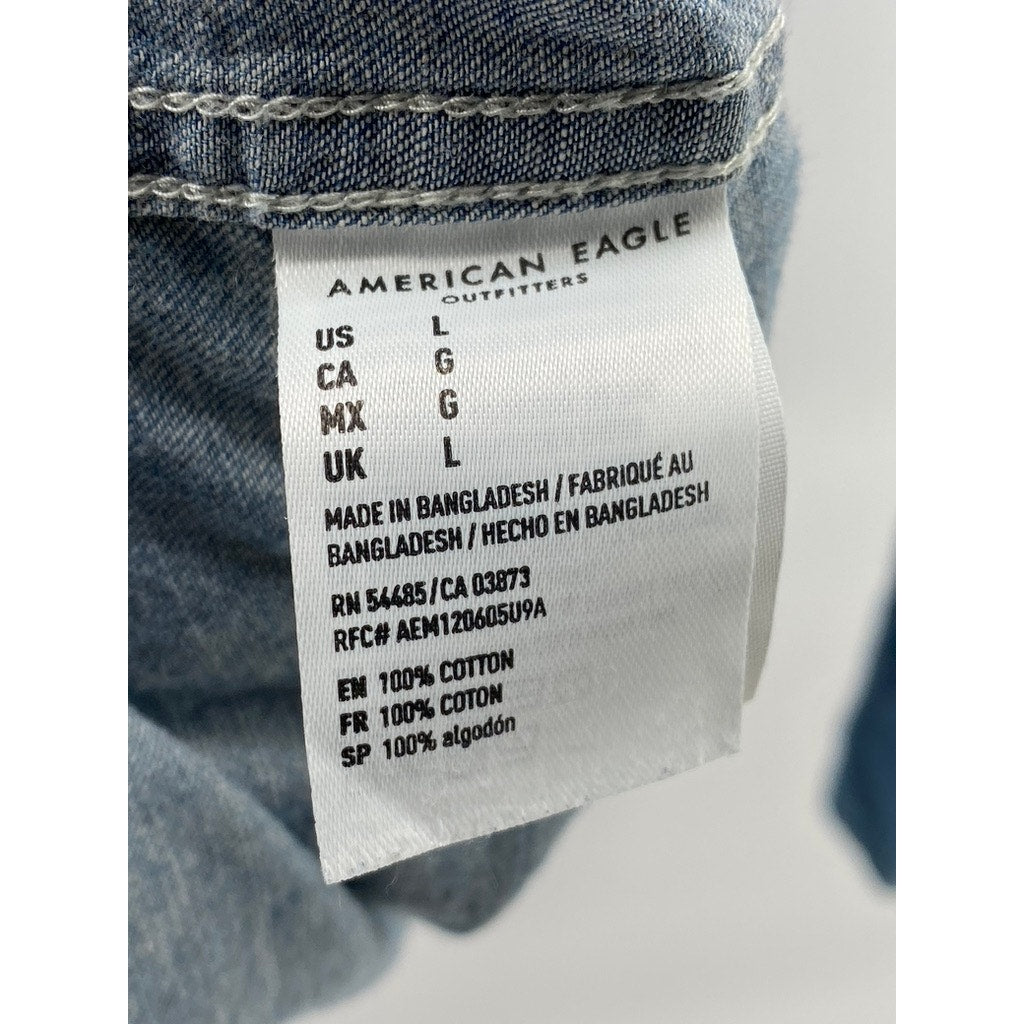 AMERICAN EAGLE Men's Blue Denim Button-Up Long Sleeve Regular-Fit Shirt SZ L