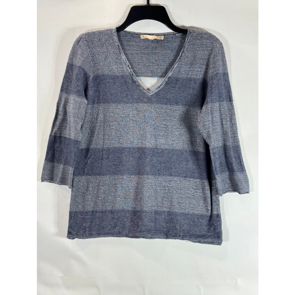 BELFORD Women's Navy Colorblock Wide Striped 3/4 Sleeve Pima Cotton Top SZ L
